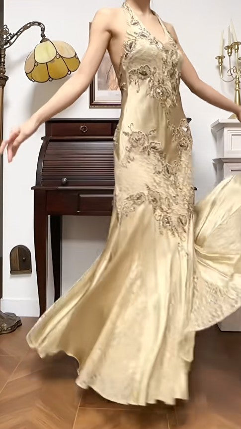 Gold Mermaid Halter Satin Beaded Applique Prom Dress ED01790