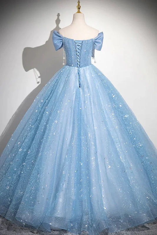 Light Blue A-Line Off Shoulder Tulle Sequins Long Prom Dress Evening Dress ED01792
