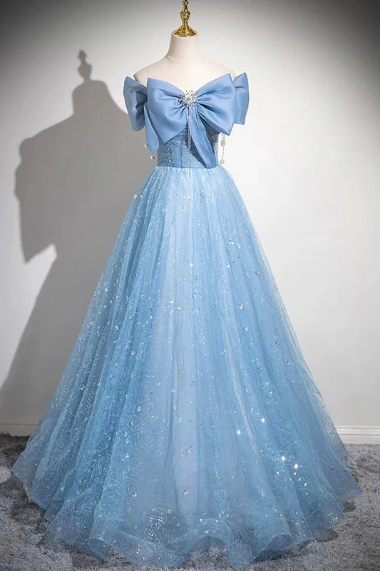Light Blue A-Line Off Shoulder Tulle Sequins Long Prom Dress Evening Dress ED01792