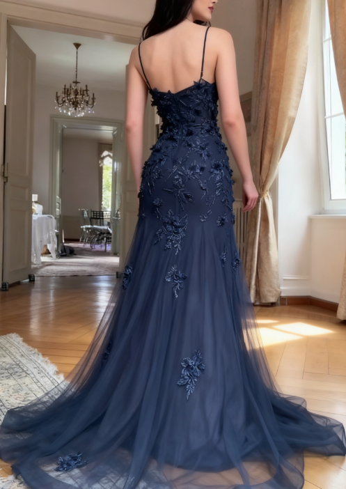 Elegant Blue Tulle A-Line Spaghetti Strap Appliqué Long Prom Dress Evening Dress ED01799