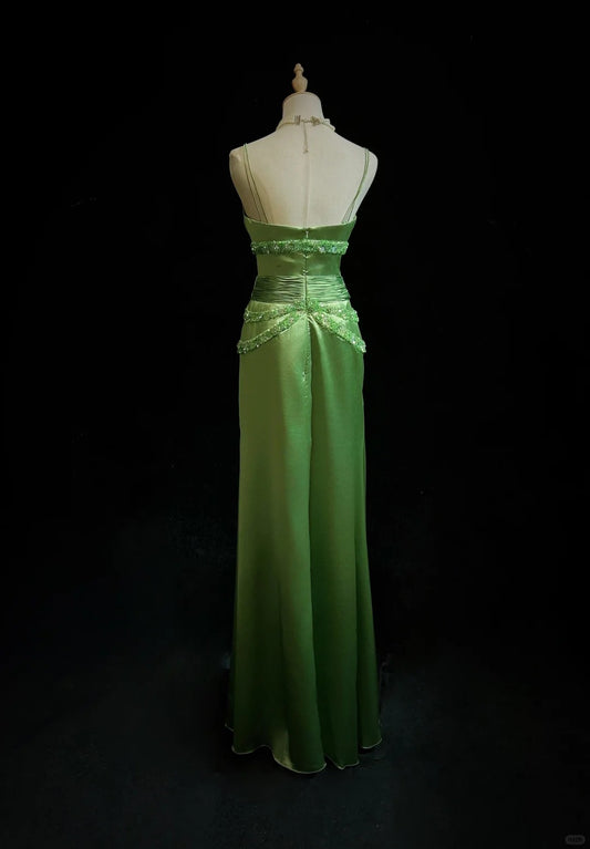 Green Spaghetti Strap Sheath Satin Beaded Prom Dress Evening Gown ED01808