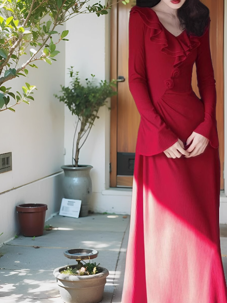 Französischer Retro-Rock im roten Rüschen-Nischendesign, schmaler langer Rock ED0180