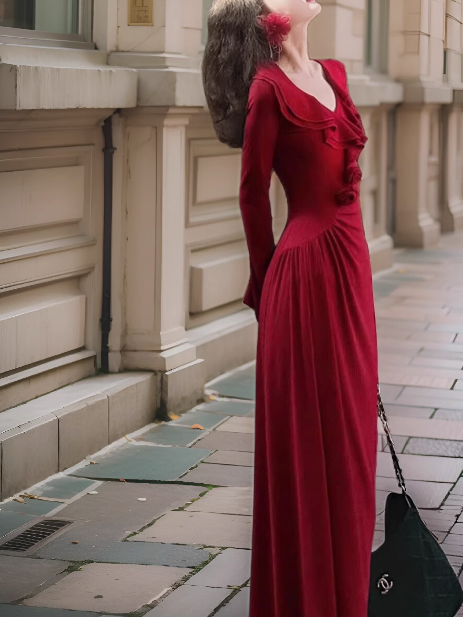 Französischer Retro-Rock im roten Rüschen-Nischendesign, schmaler langer Rock ED0180