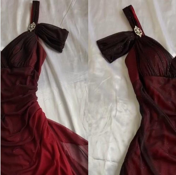 Gradient Red Spaghetti Straps Sweetheart Neck Glitter Chiffon Ruffles Sheath Party Prom Dress