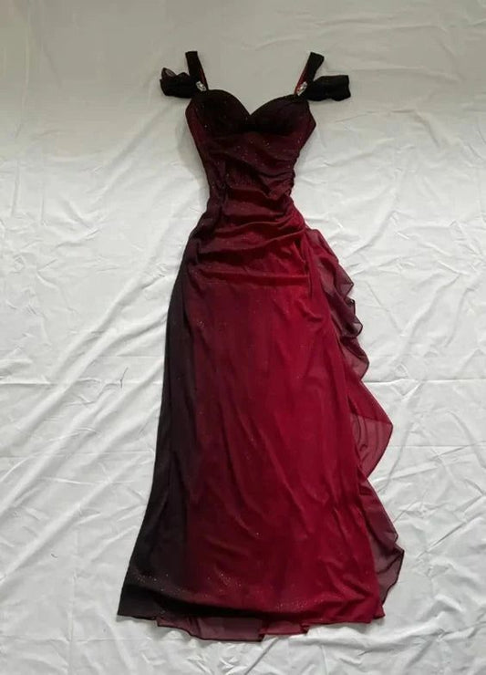 Gradient Red Spaghetti Straps Sweetheart Neck Glitter Chiffon Ruffles Sheath Party Prom Dress