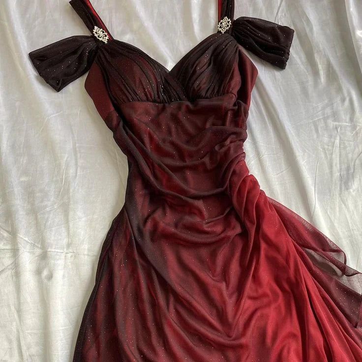 Gradient Red Spaghetti Straps Sweetheart Neck Glitter Chiffon Ruffles Sheath Party Prom Dress