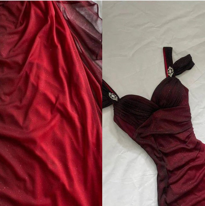 Gradient Red Spaghetti Straps Sweetheart Neck Glitter Chiffon Ruffles Sheath Party Prom Dress