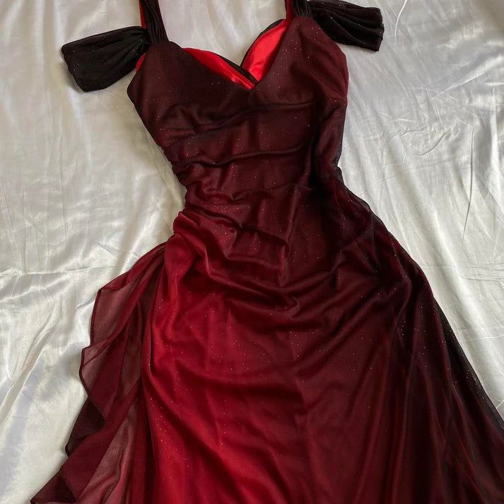Gradient Red Spaghetti Straps Sweetheart Neck Glitter Chiffon Ruffles Sheath Party Prom Dress
