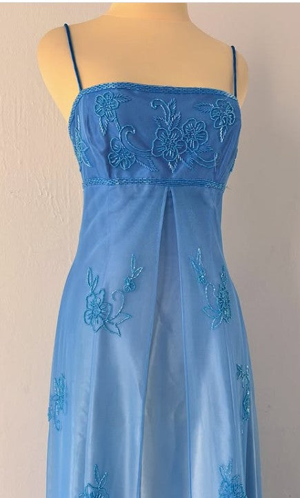 Spaghetti Straps Gradient Blue Beaded Applique Chiffon Satin Sleeveless Zipper Long Empire High Waist Prom Dress