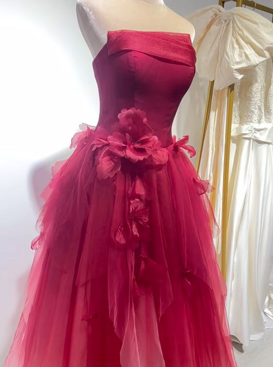 Cute Gradient Tulle Strapless A-Line Long Wedding Dress Evening Gown ED01819