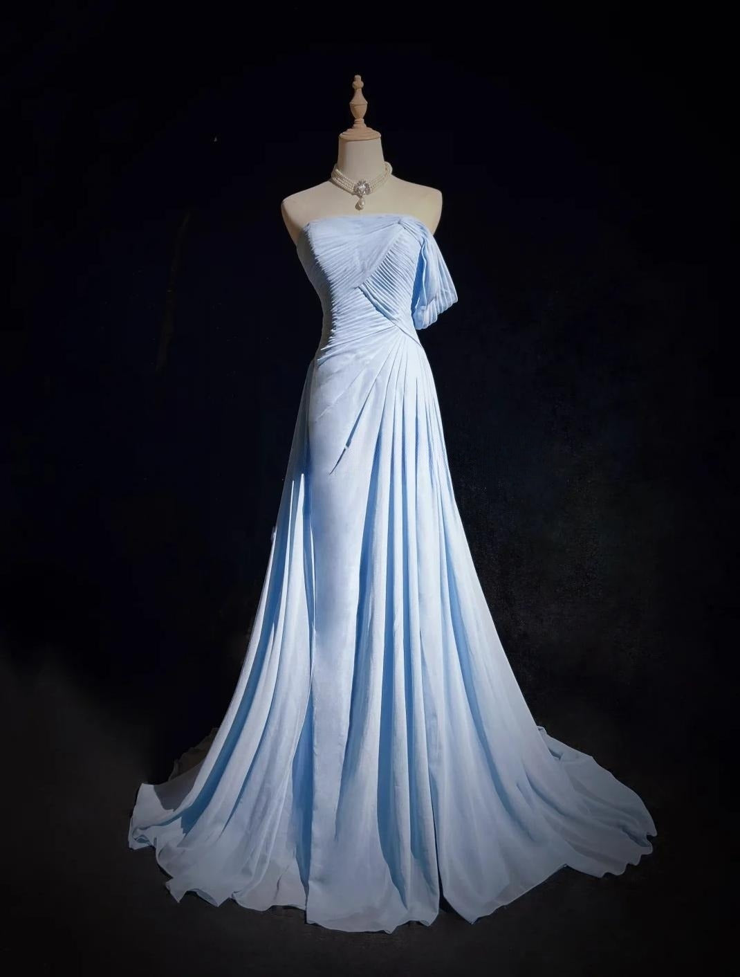 Wunderschönes blaues A-Linien-Chiffon-Plissee-One-Shoulder-Slit-Langabendkleid für Hochzeitsgäste ED01820