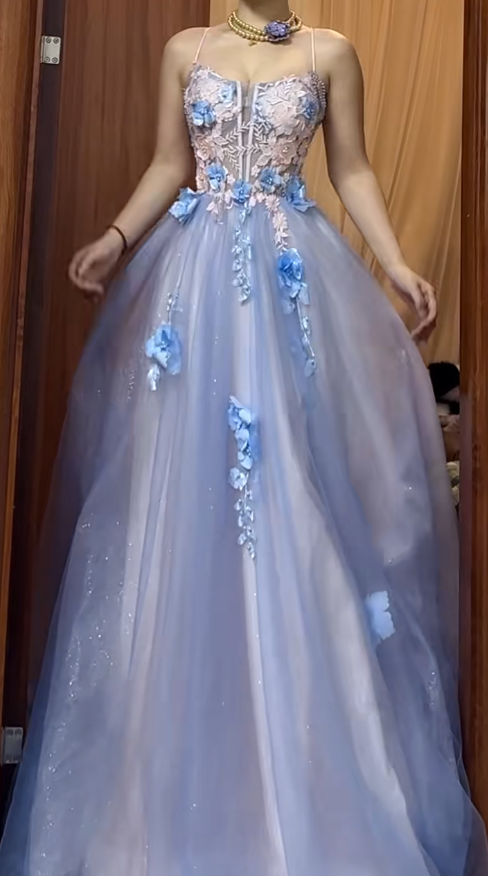 Backless A-Line Spaghetti Strap Tulle Applique Long Prom Dress Sweet Evening Dress ED01824