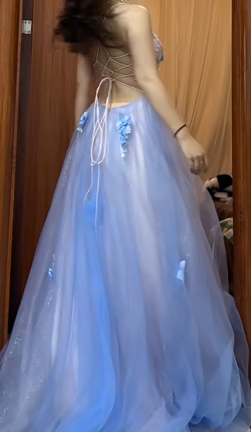 Backless A-Line Spaghetti Strap Tulle Applique Long Prom Dress Sweet Evening Dress ED01824