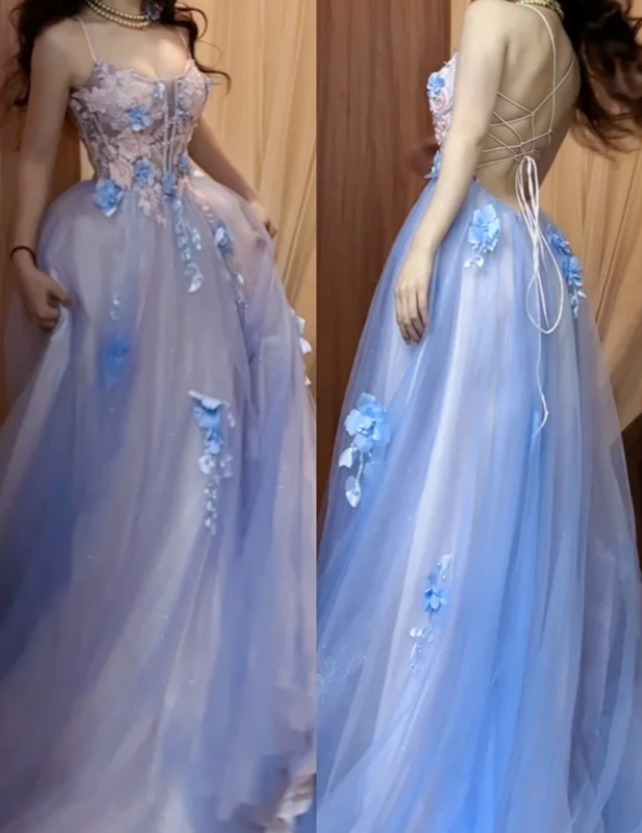 Backless A-Line Spaghetti Strap Tulle Applique Long Prom Dress Sweet Evening Dress ED01824