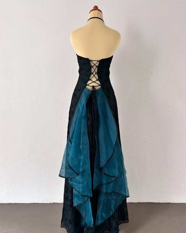 Robe de soirée vintage bustier en satin bleu, sans manches, en tulle noir, avec perles, pour anniversaire, ED01828
