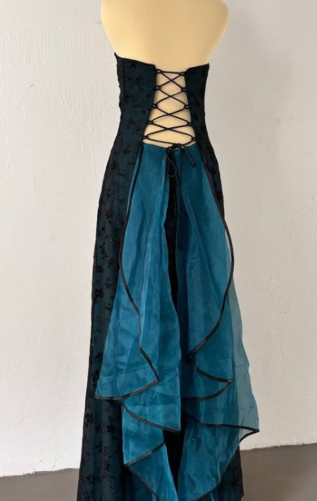 Robe de soirée vintage bustier en satin bleu, sans manches, en tulle noir, avec perles, pour anniversaire, ED01828