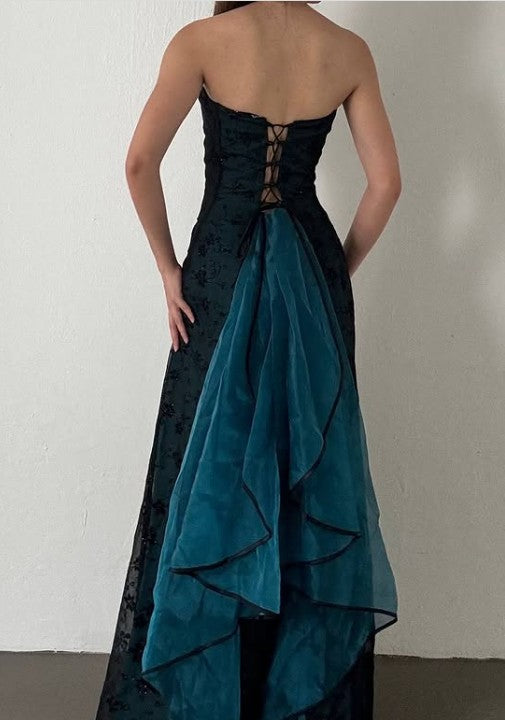 Robe de soirée vintage bustier en satin bleu, sans manches, en tulle noir, avec perles, pour anniversaire, ED01828