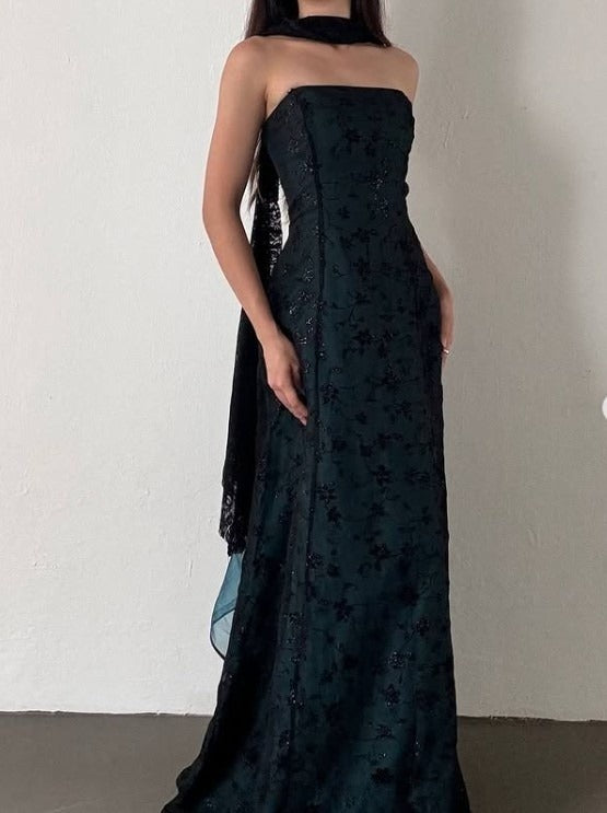 Robe de soirée vintage bustier en satin bleu, sans manches, en tulle noir, avec perles, pour anniversaire, ED01828