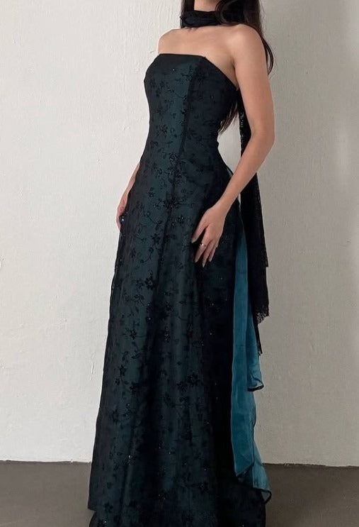 Robe de soirée vintage bustier en satin bleu, sans manches, en tulle noir, avec perles, pour anniversaire, ED01828