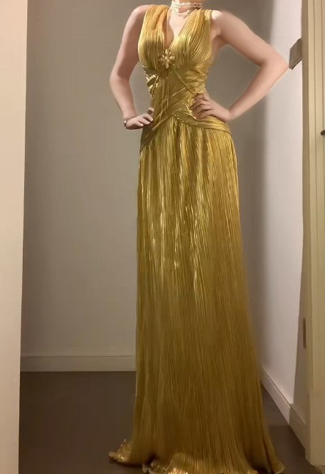 Robe de bal longue dorée à col en V, tenue de fête d'anniversaire, ED01830