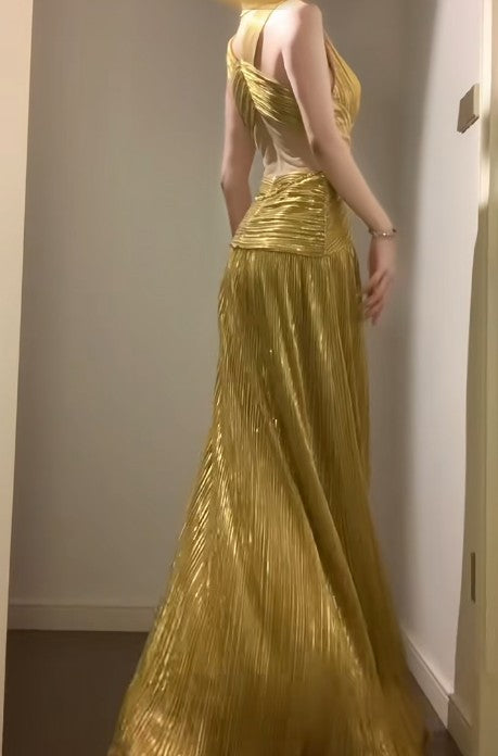 Robe de bal longue dorée à col en V, tenue de fête d'anniversaire, ED01830