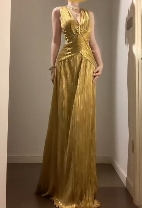 Robe de bal longue dorée à col en V, tenue de fête d'anniversaire, ED01830