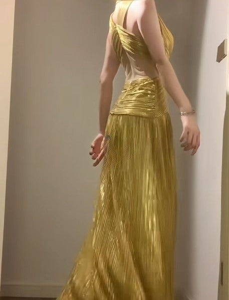 Robe de bal longue dorée à col en V, tenue de fête d'anniversaire, ED01830