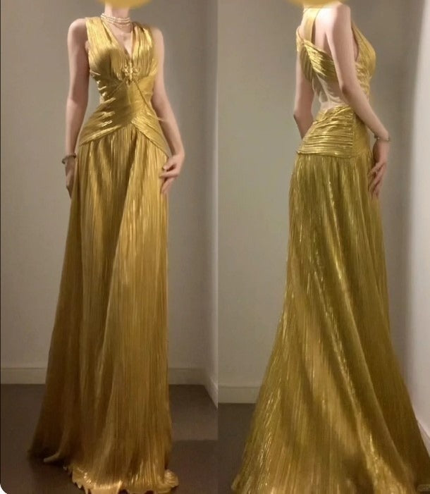 Robe de bal longue dorée à col en V, tenue de fête d'anniversaire, ED01830
