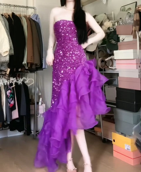 Purple Mermaid Sequined Strapless Tulle Evening DressED01835