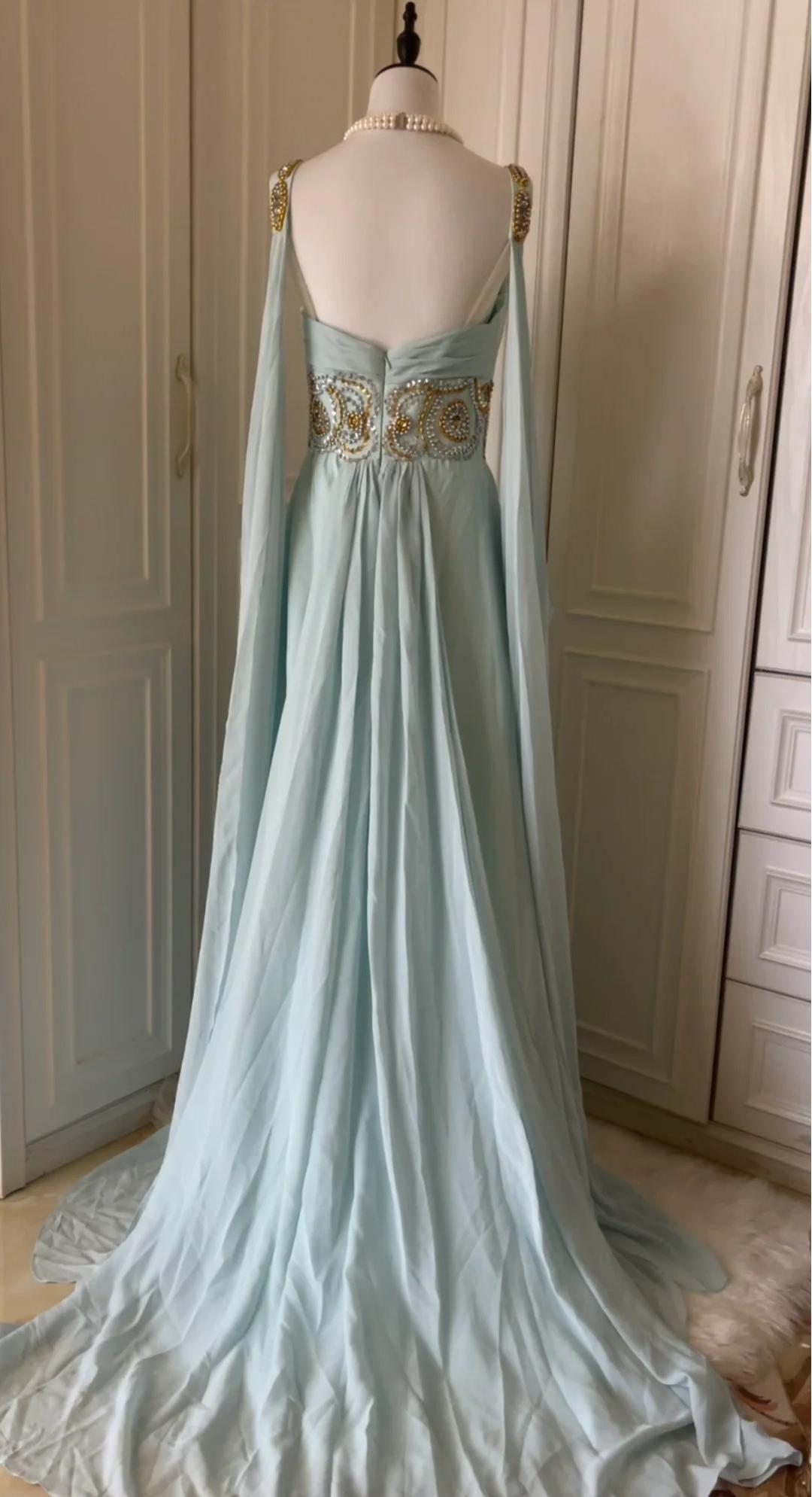 Robe de soirée longue en mousseline de soie, style Tiffany bleu vintage, col en V, coupe trapèze, avec perles, robe de mariée ED01839