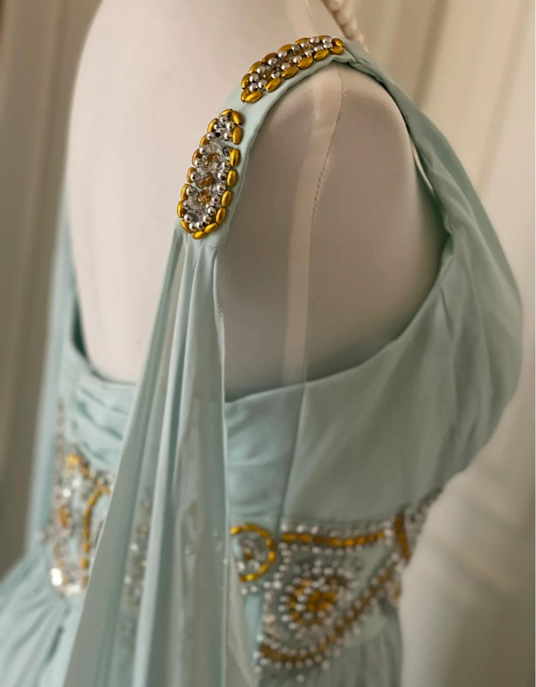 Robe de soirée longue en mousseline de soie, style Tiffany bleu vintage, col en V, coupe trapèze, avec perles, robe de mariée ED01839