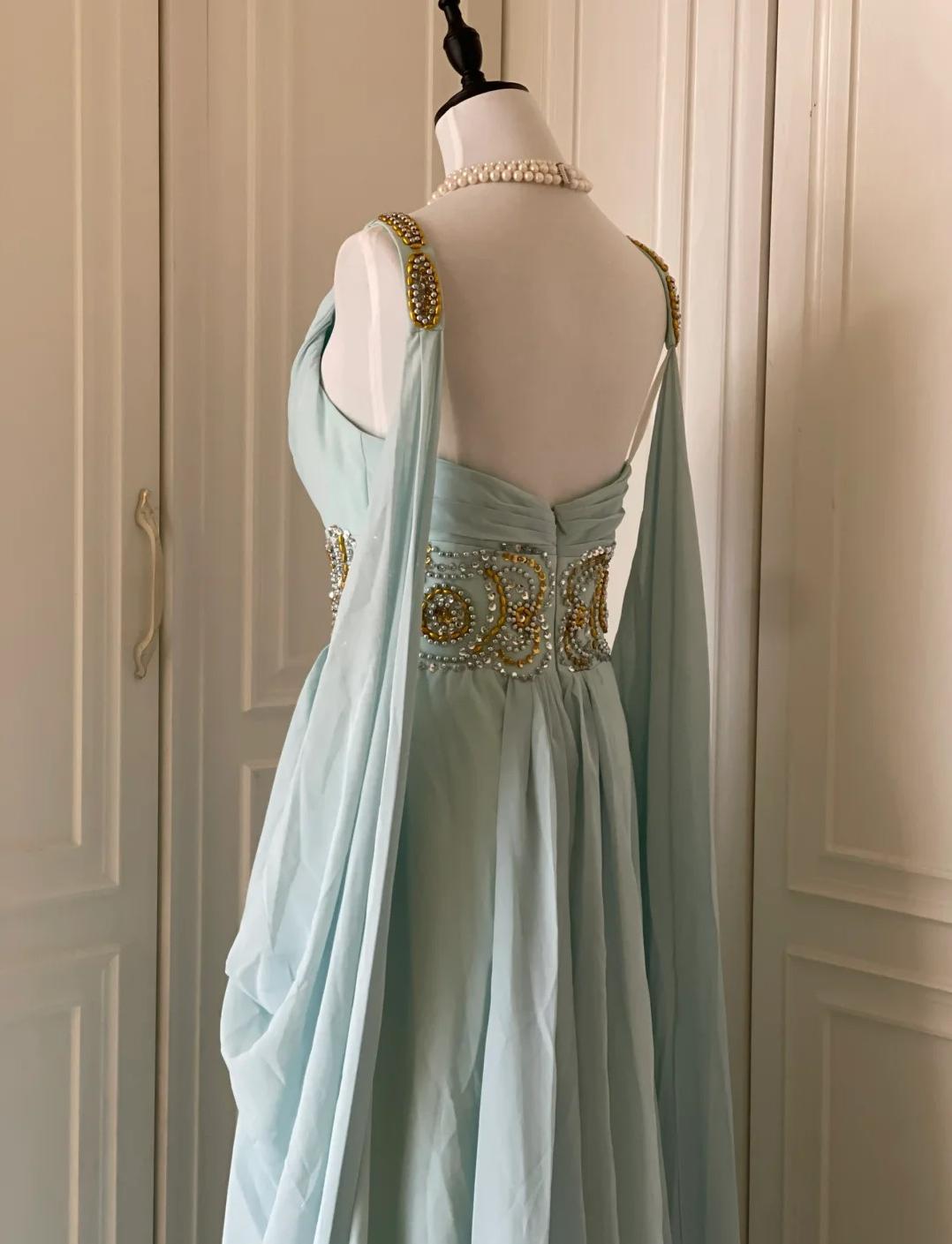 Robe de soirée longue en mousseline de soie, style Tiffany bleu vintage, col en V, coupe trapèze, avec perles, robe de mariée ED01839