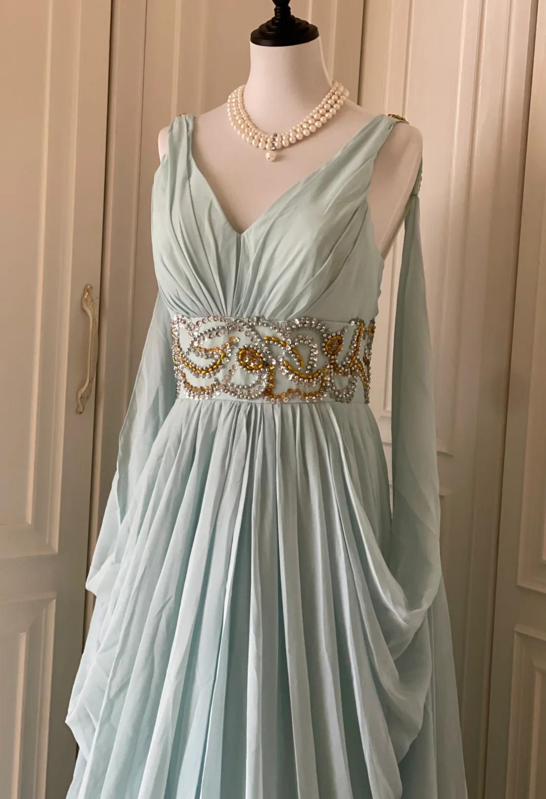 Robe de soirée longue en mousseline de soie, style Tiffany bleu vintage, col en V, coupe trapèze, avec perles, robe de mariée ED01839