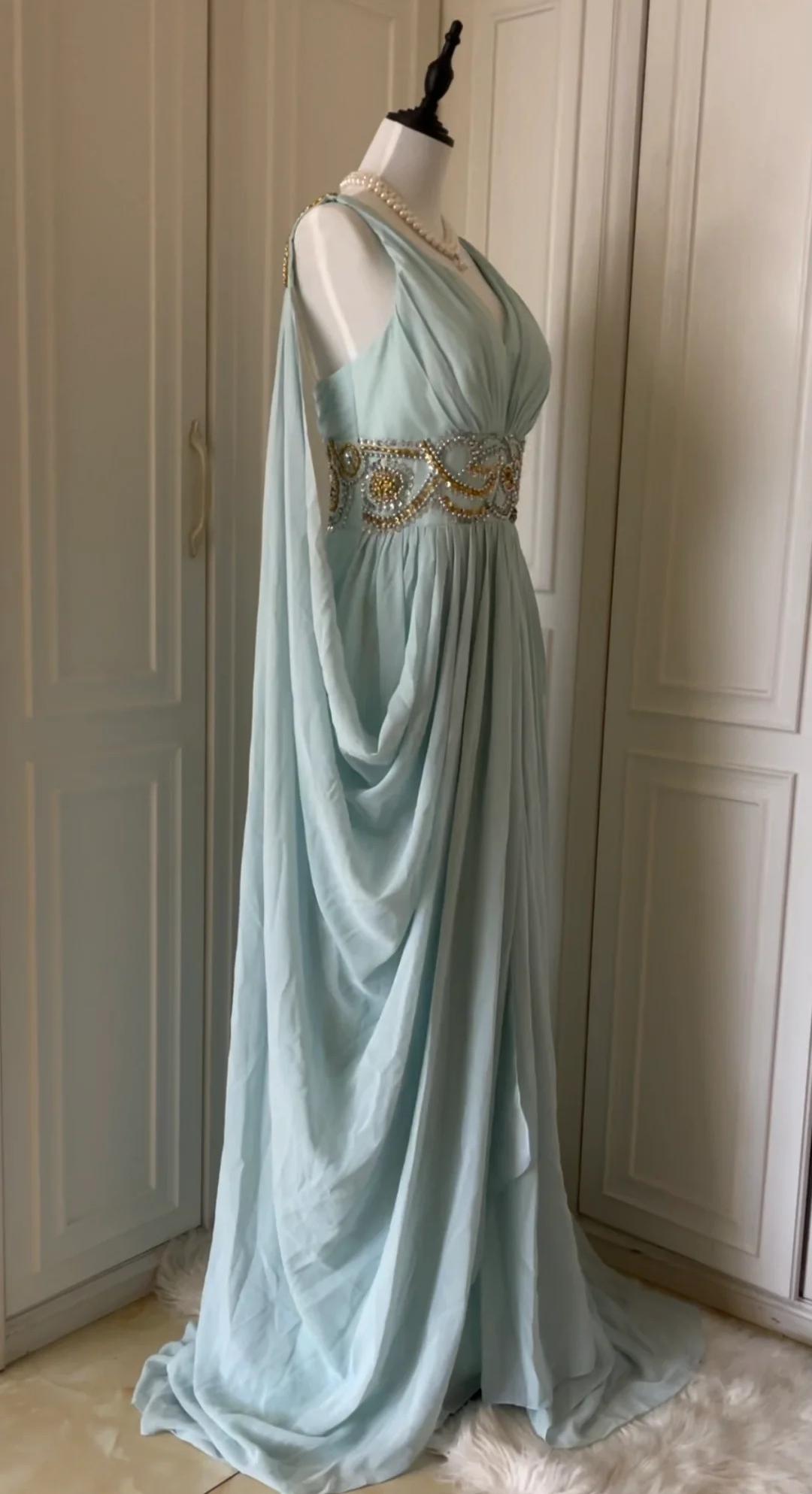 Robe de soirée longue en mousseline de soie, style Tiffany bleu vintage, col en V, coupe trapèze, avec perles, robe de mariée ED01839