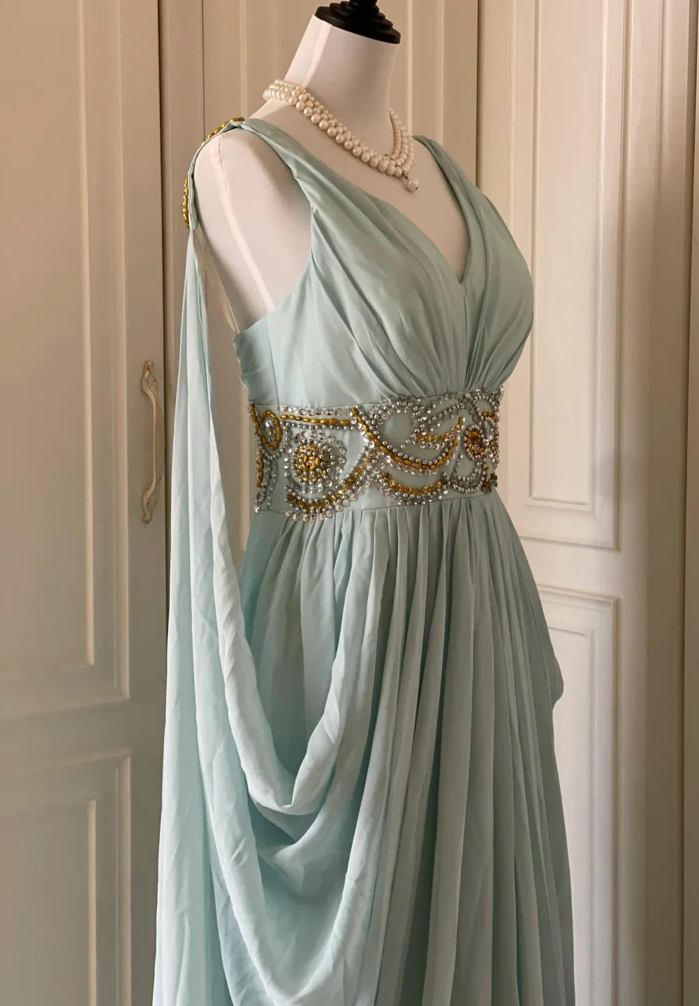 Robe de soirée longue en mousseline de soie, style Tiffany bleu vintage, col en V, coupe trapèze, avec perles, robe de mariée ED01839