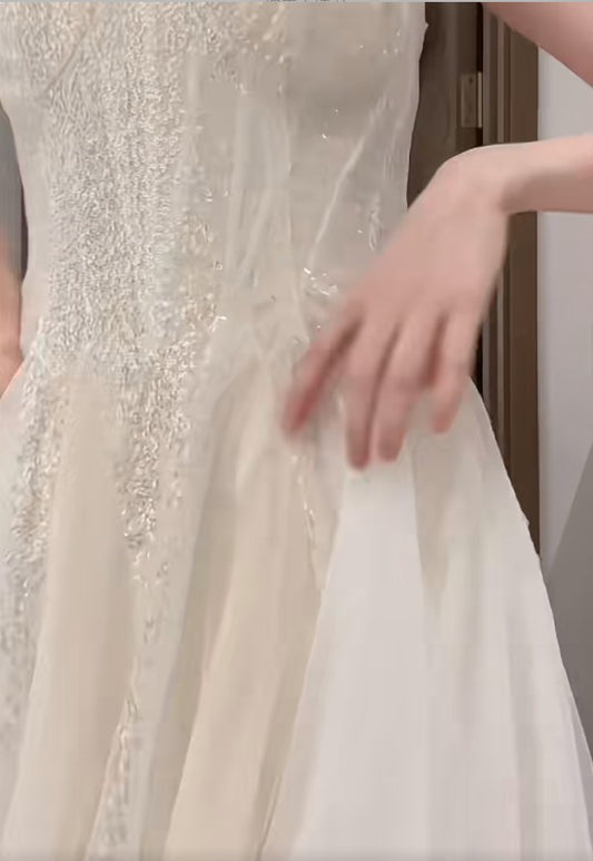 Gentle White Spaghetti Strap A-Line Tulle Sequin Long Prom Dress Simple Birthday Graduation Dress ED01843