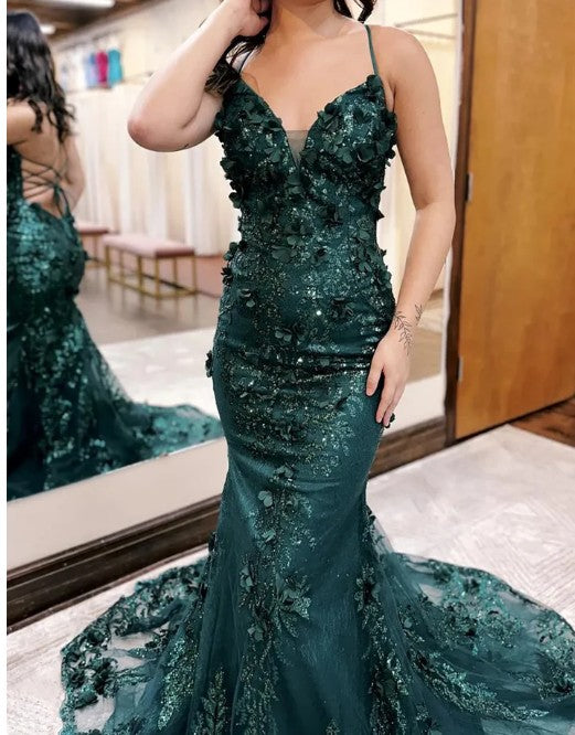 Dark Green Mermaid Spaghetti Straps Tulle Sequins Long Prom Dress With Appliques Evening Gown ED01847