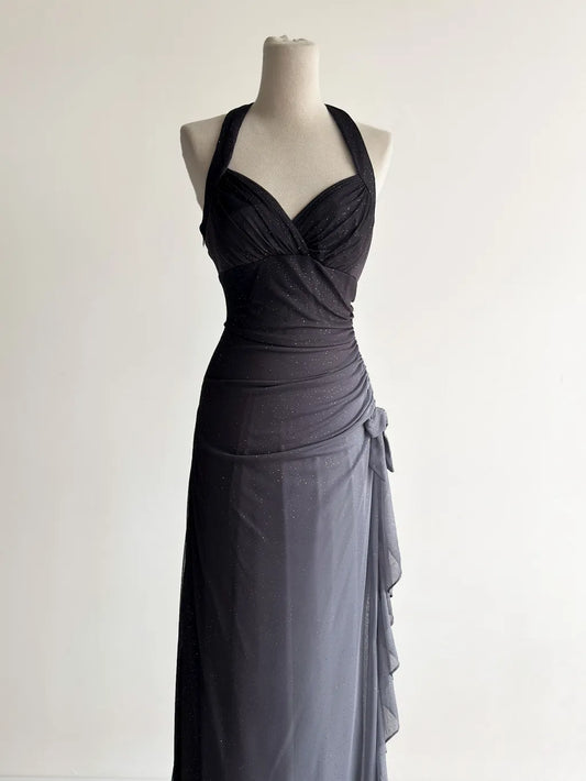 Robe de bal fourreau à volants et col licou, gris foncé, scintillante et dégradée, robe d'anniversaire ED01851