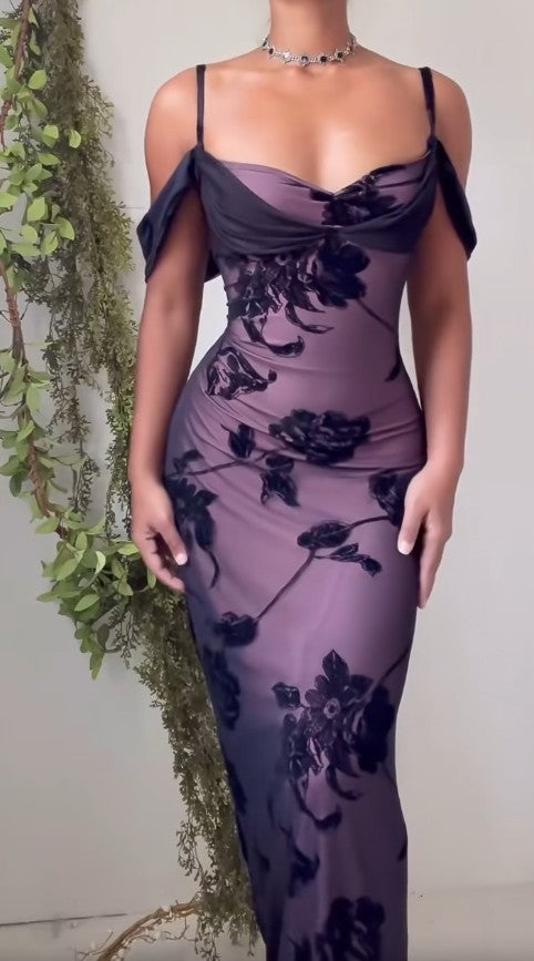 Einzigartiges lila Satin-Bodycon-Kleid, schwarzer Tüll-Spaghettiträger, Ballkleid, Geburtstagskleid, ED01856