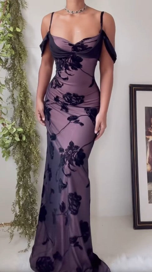 Einzigartiges lila Satin-Bodycon-Kleid, schwarzer Tüll-Spaghettiträger, Ballkleid, Geburtstagskleid, ED01856