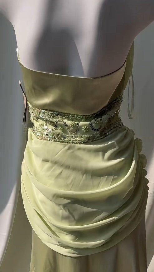Retro Light Green V-neck Chiffon Beaded Sequins Floor-length Prom Dress Beautiful Birthday Evening Dress ED01861