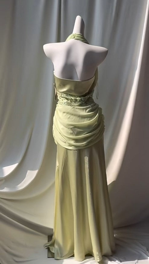 Retro Light Green V-neck Chiffon Beaded Sequins Floor-length Prom Dress Beautiful Birthday Evening Dress ED01861