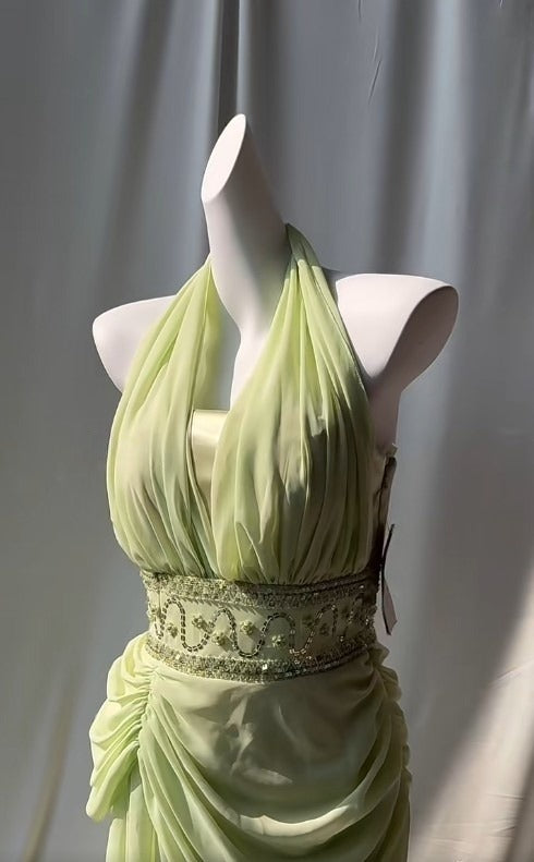 Retro Light Green V-neck Chiffon Beaded Sequins Floor-length Prom Dress Beautiful Birthday Evening Dress ED01861