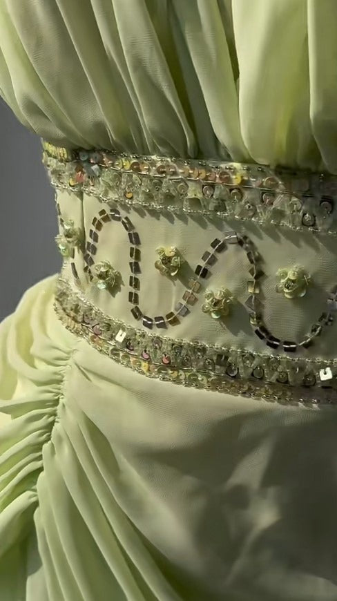Retro Light Green V-neck Chiffon Beaded Sequins Floor-length Prom Dress Beautiful Birthday Evening Dress ED01861