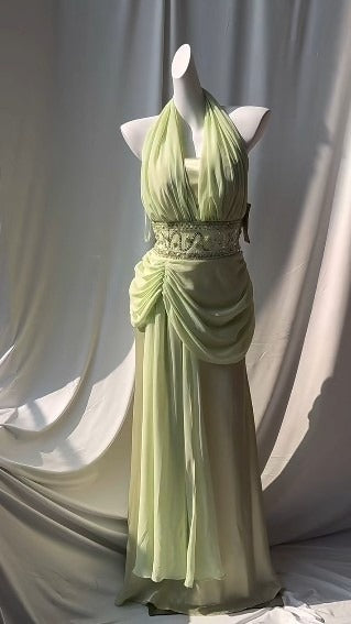 Retro Light Green V-neck Chiffon Beaded Sequins Floor-length Prom Dress Beautiful Birthday Evening Dress ED01861