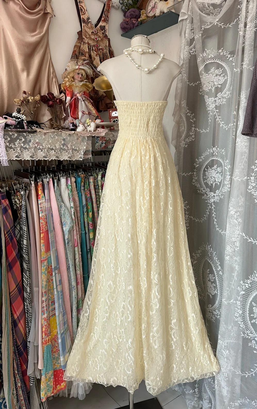 Beautiful A-Line Light Yellow Lace Strapless Prom Dress Cute Birthday Party Dress ED01874