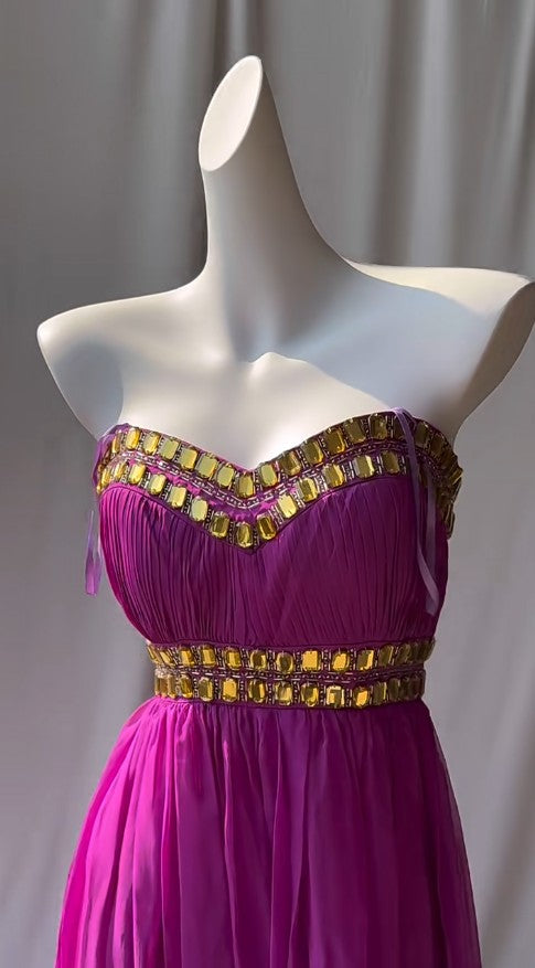 Robe de demoiselle d'honneur fuchsia en mousseline de soie rétro à décolleté en cœur, couleur vive, ED01875