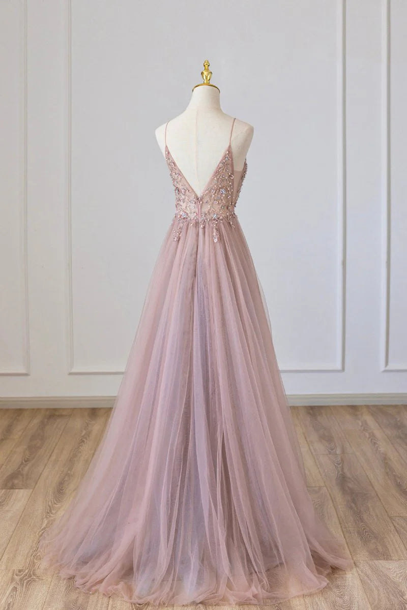 Robe de bal longue trapèze en tulle rose, robe de soirée spaghetti rose avec perles ED01879