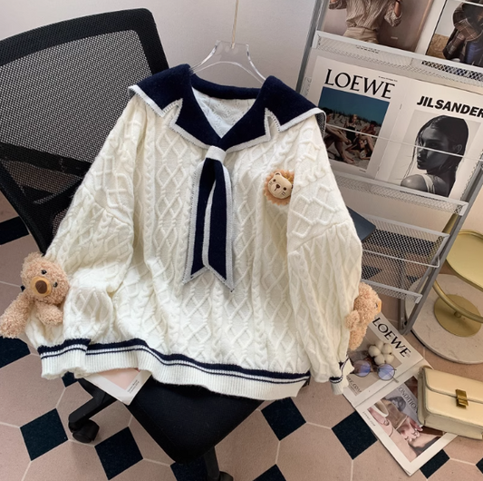 Navy collar preppy style bear women's long sleeve sweater ED0187
