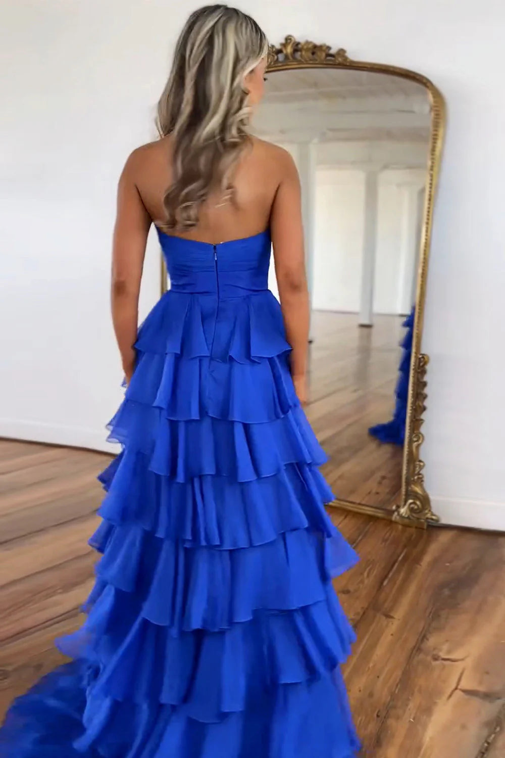 Cute Hot Pink A-Line Strapless Chiffon Long Prom Dress Layered Slit Sleeveless Evening Gown ED01882